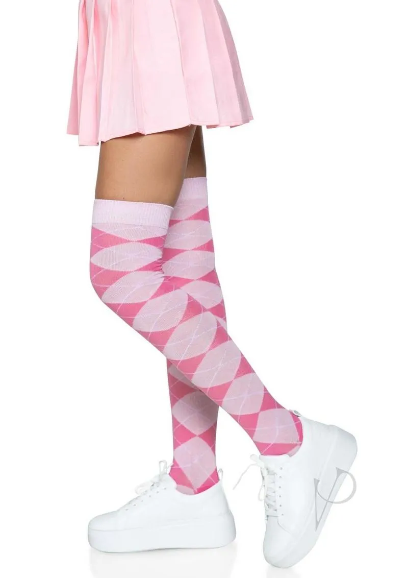 Argyle Knit Over The Knee Socks Os Pink