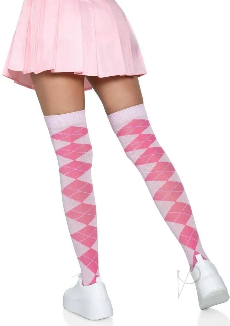 Argyle Knit Over The Knee Socks Os Pink