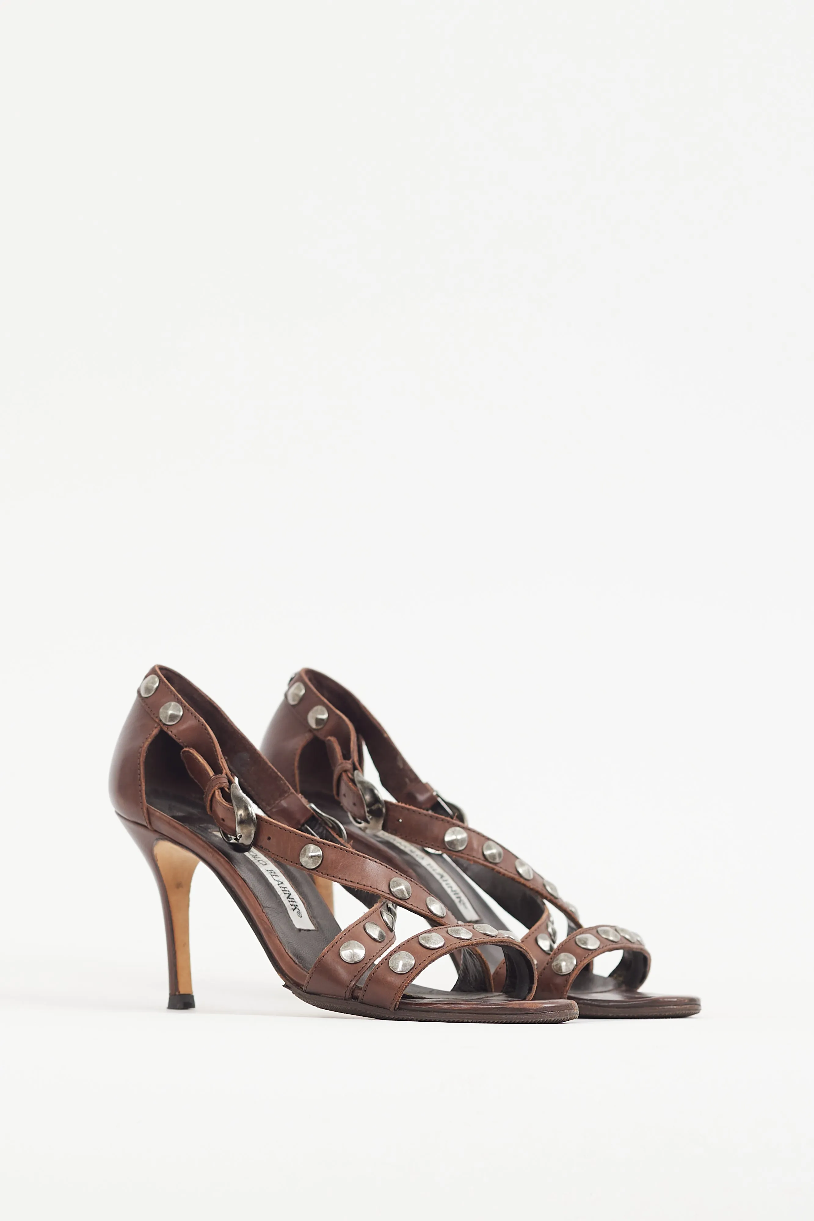 Brown & Silver Studded Leather Strappy Heel