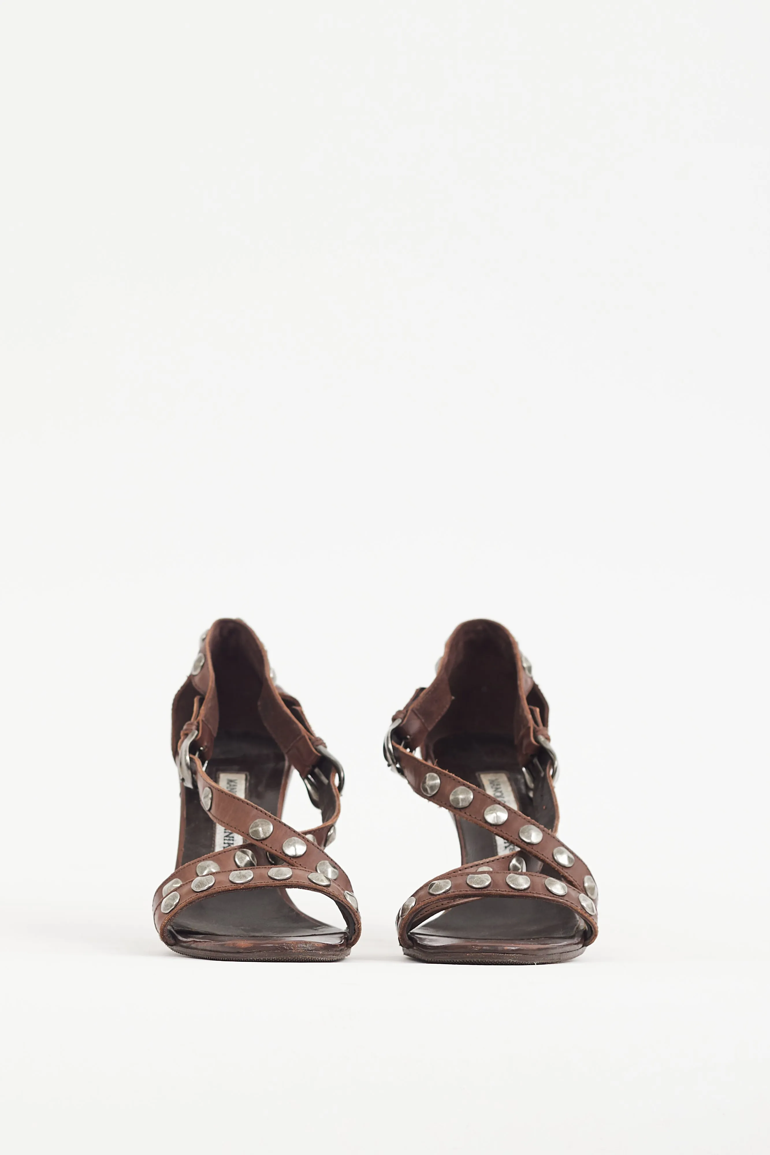 Brown & Silver Studded Leather Strappy Heel