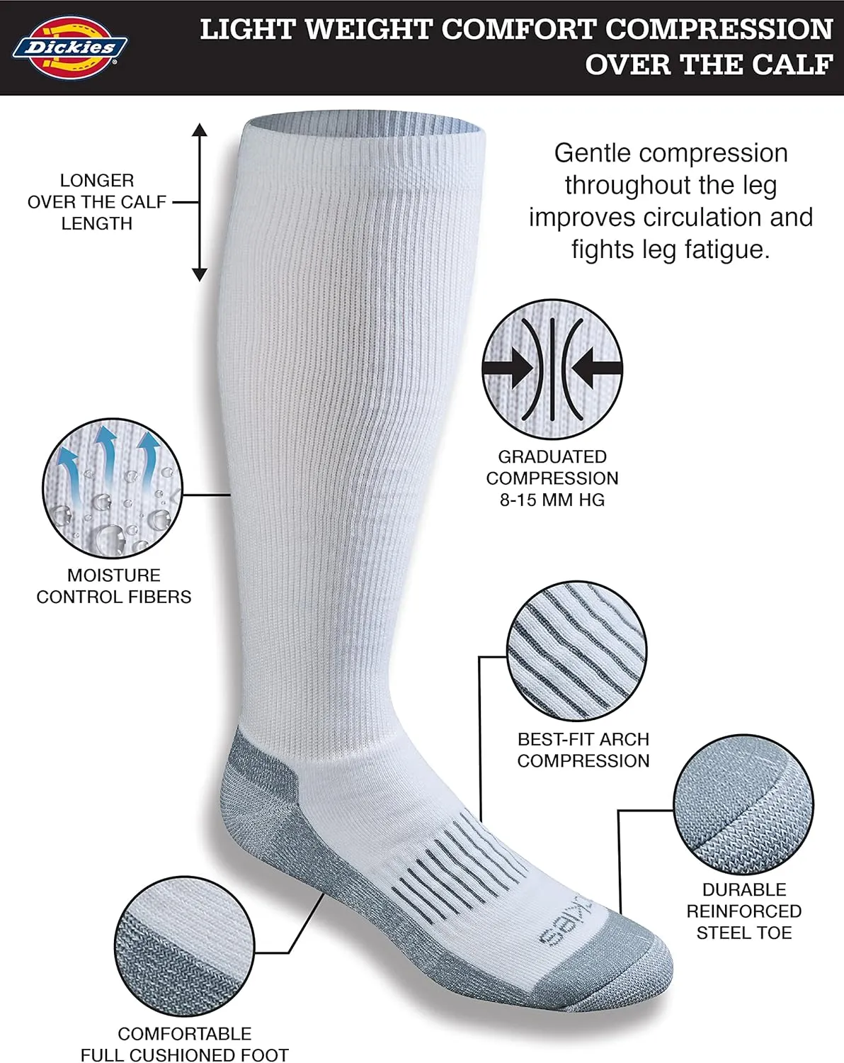 Dickies Men's Light Compression Comfort Over-The-Calf Socks, Available in M-XXL (2, 4 Pairs)