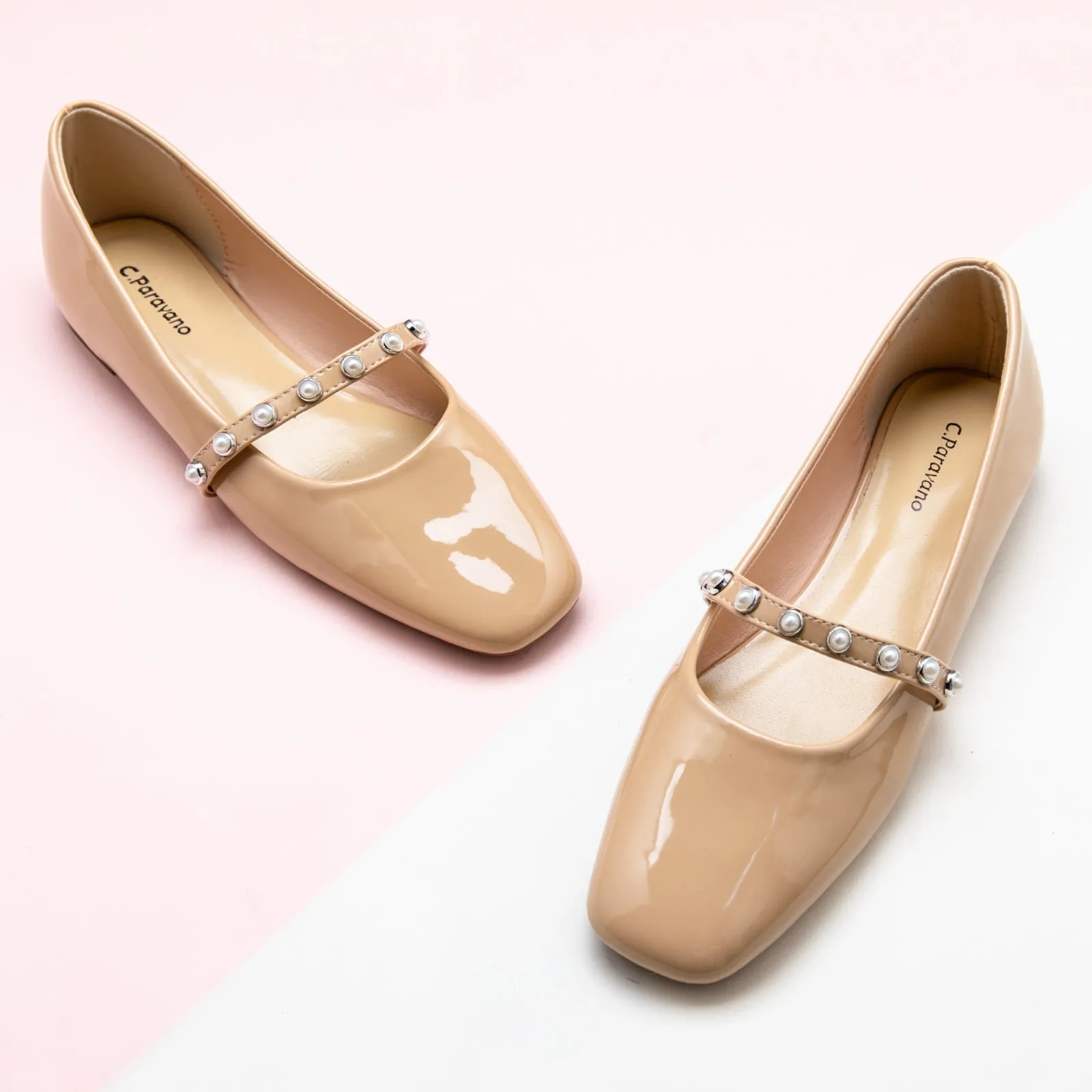 Patent Pearl-Strap Mary Jane (Clara) Beige