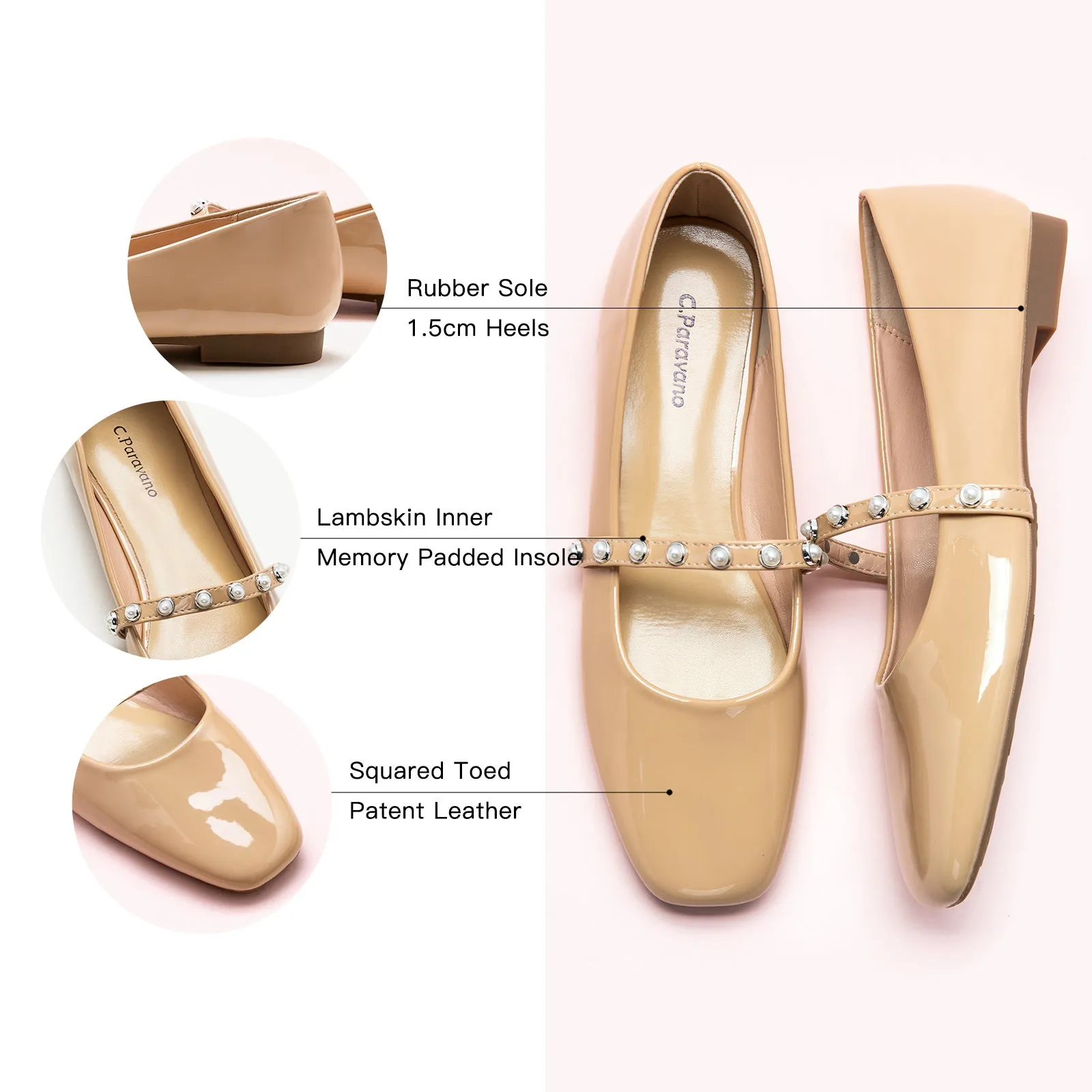Patent Pearl-Strap Mary Jane (Clara) Beige