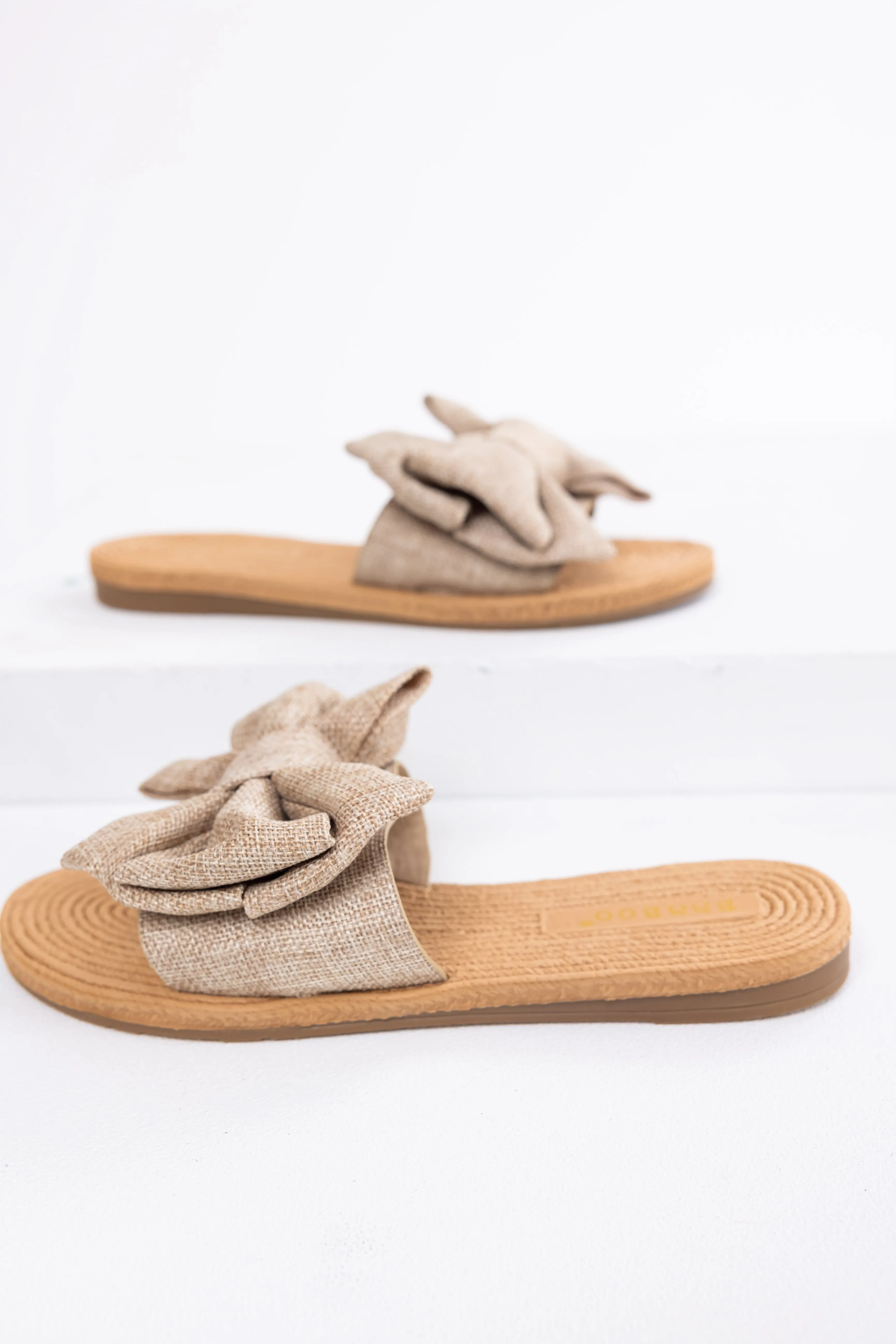 Sand Woven Bow Slide On Sandals