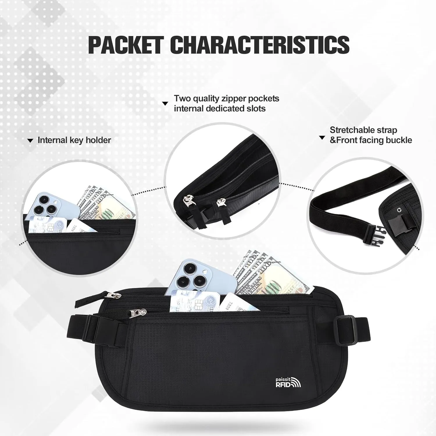 Unisex Money Belt with RFID Blocking Sleeves, Slim Passport Holder RFID Blocking Travel Essentials, Waist Pouch to Protect Cash, Black & 6 Sleeves