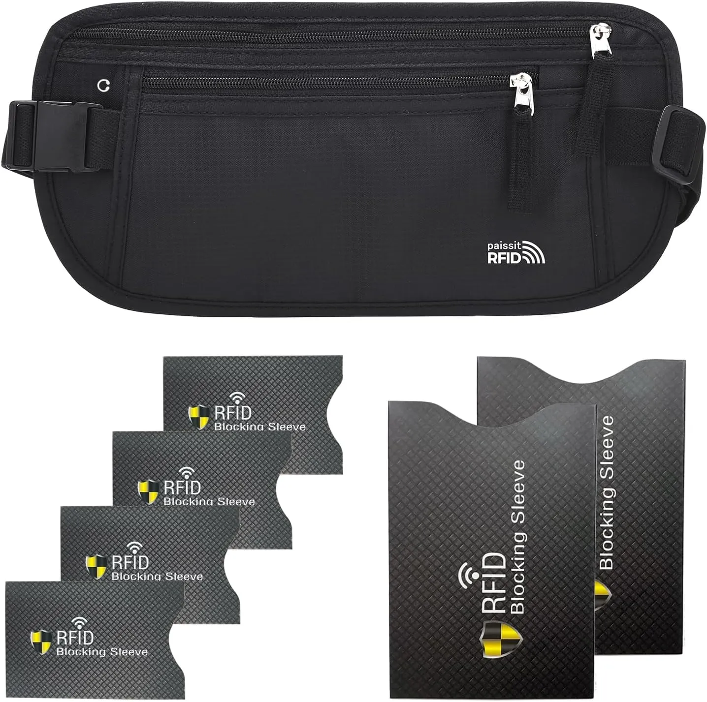 Unisex Money Belt with RFID Blocking Sleeves, Slim Passport Holder RFID Blocking Travel Essentials, Waist Pouch to Protect Cash, Black & 6 Sleeves