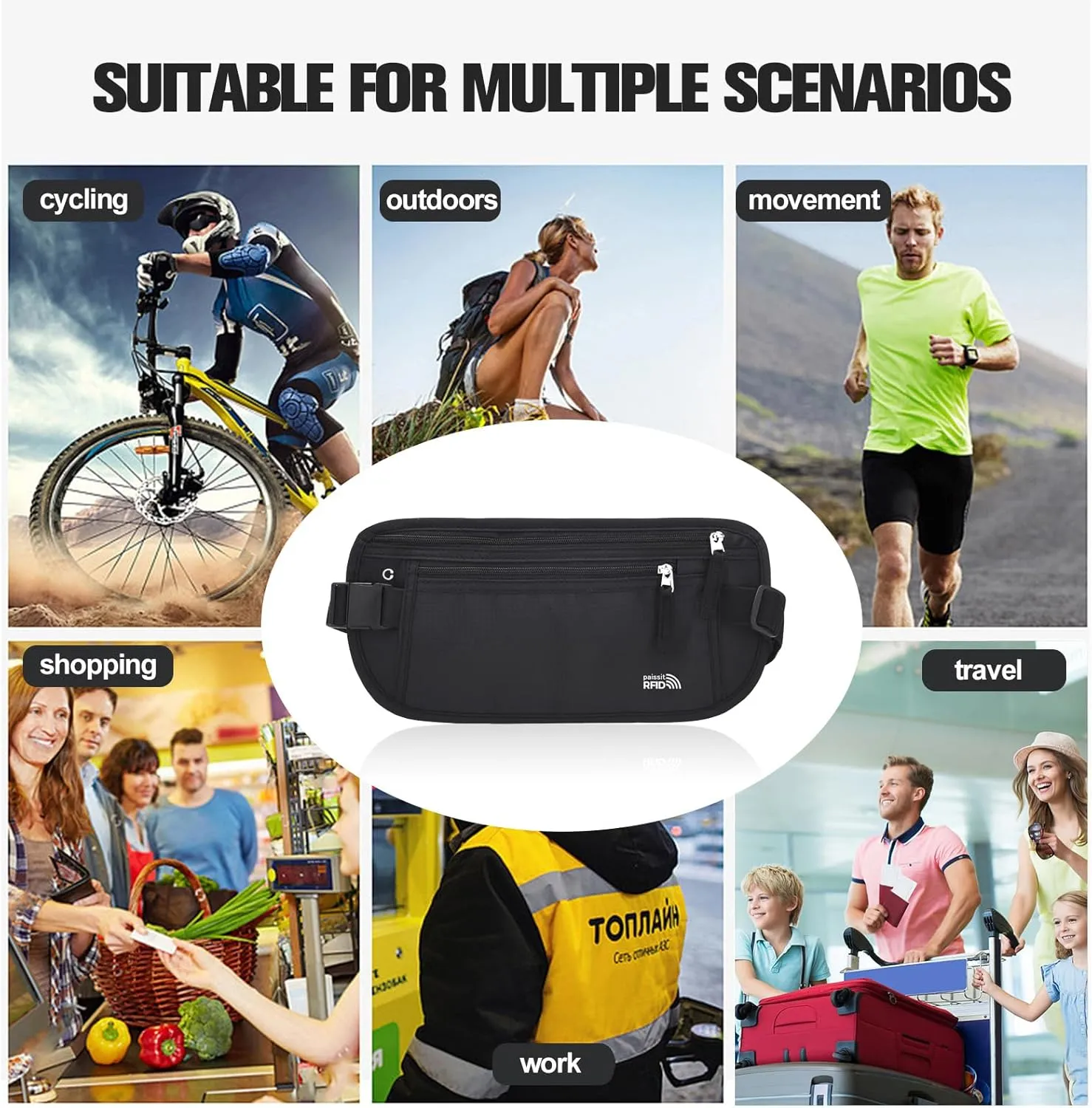 Unisex Money Belt with RFID Blocking Sleeves, Slim Passport Holder RFID Blocking Travel Essentials, Waist Pouch to Protect Cash, Black & 6 Sleeves