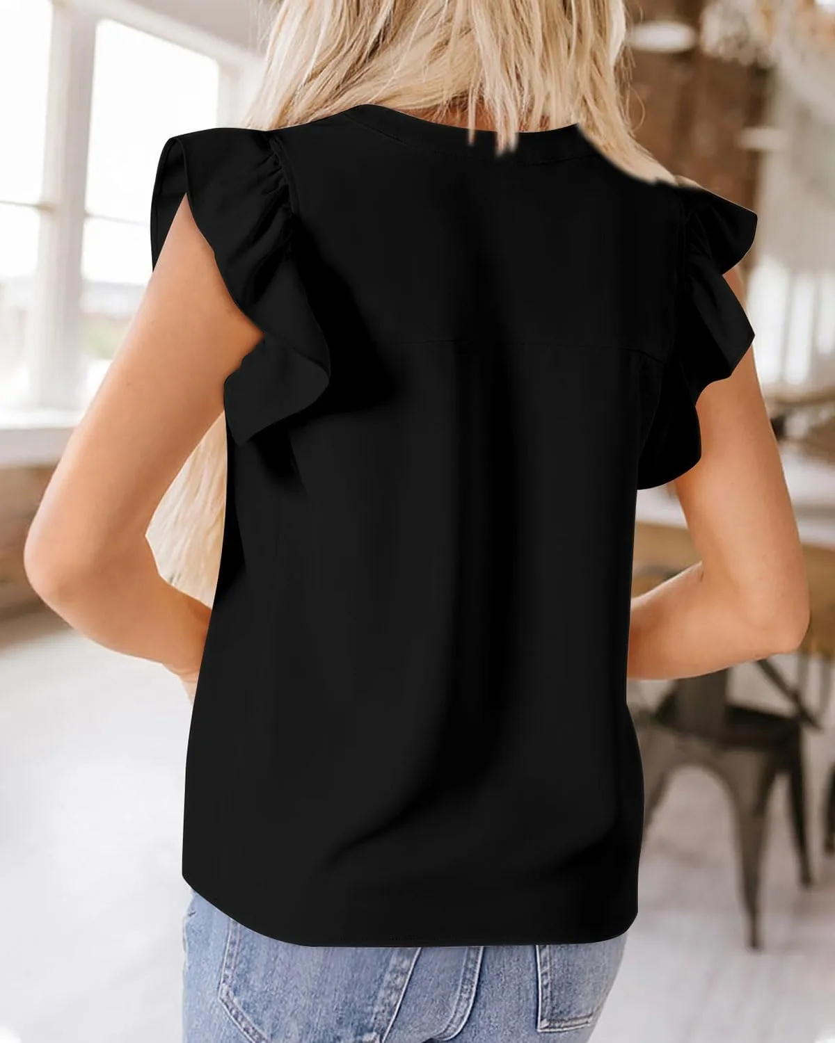 Zenlonr Womens Summer Tops 2025 Casual V Neck Ruffle Cap Sleeve Blouse Shirts Basic Tunic Tops Spring Outfits