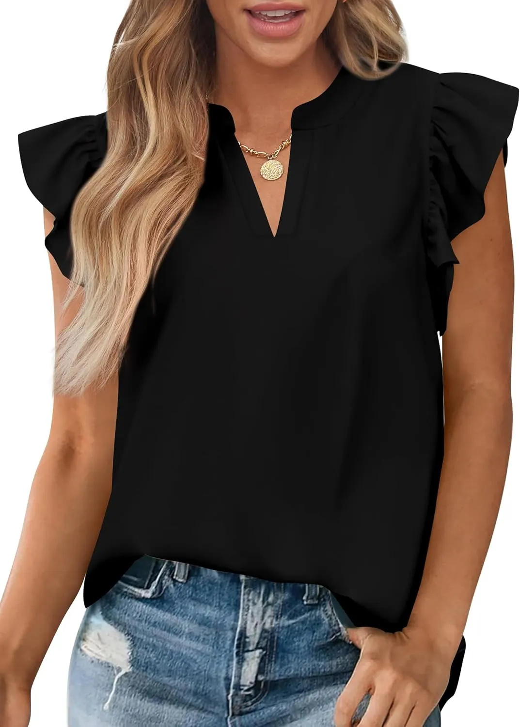 Zenlonr Womens Summer Tops 2025 Casual V Neck Ruffle Cap Sleeve Blouse Shirts Basic Tunic Tops Spring Outfits